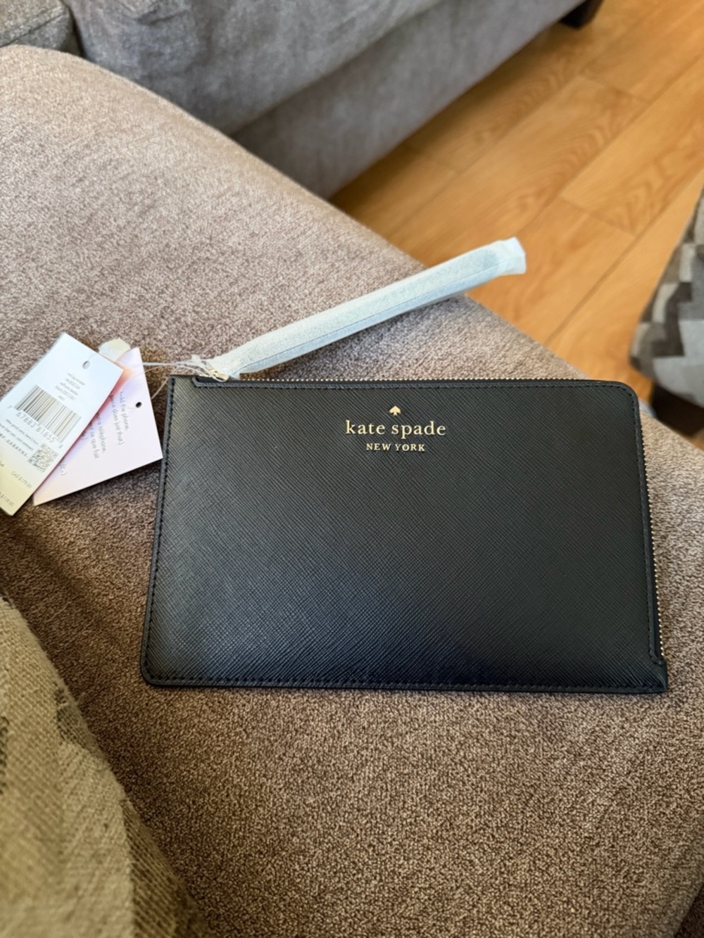 kate spade Black Saffiano Leather Wristlet with Gold Logo